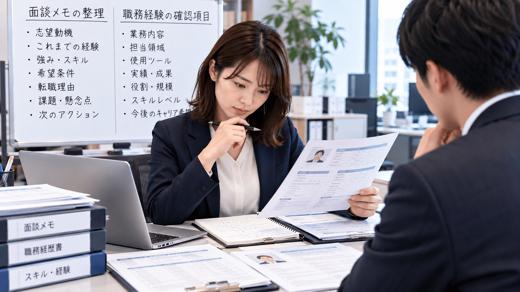求職者面談メモと職務経験の整理項目を確認する人材会社担当者