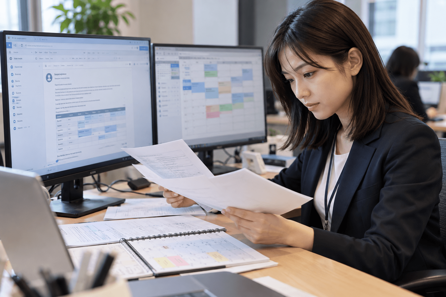 AIで作成した面接日程調整メールと元の予定資料を照合する人材会社担当者