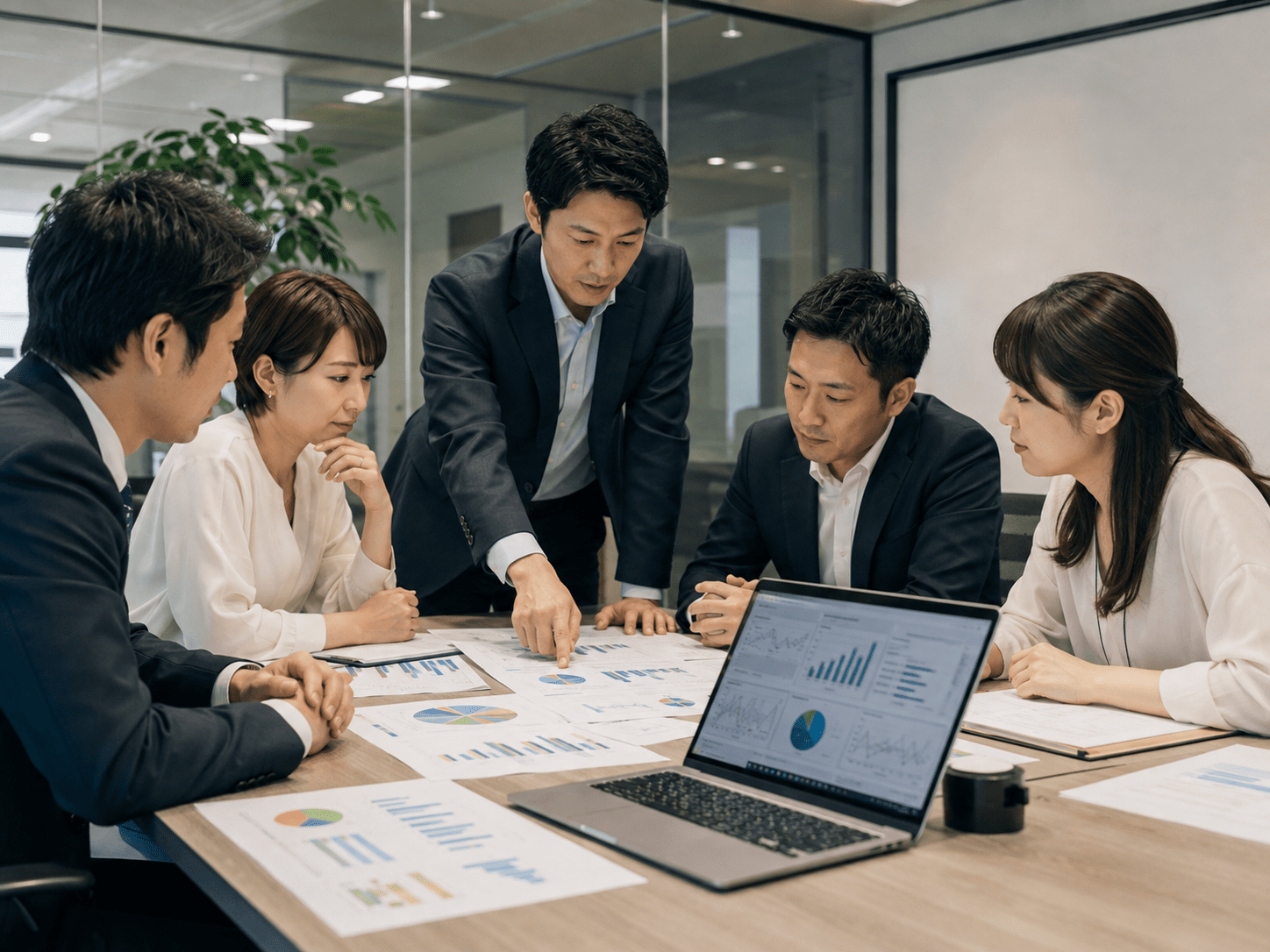 社内ナレッジAIの評価結果を確認し改善策を検討する日本企業のチーム