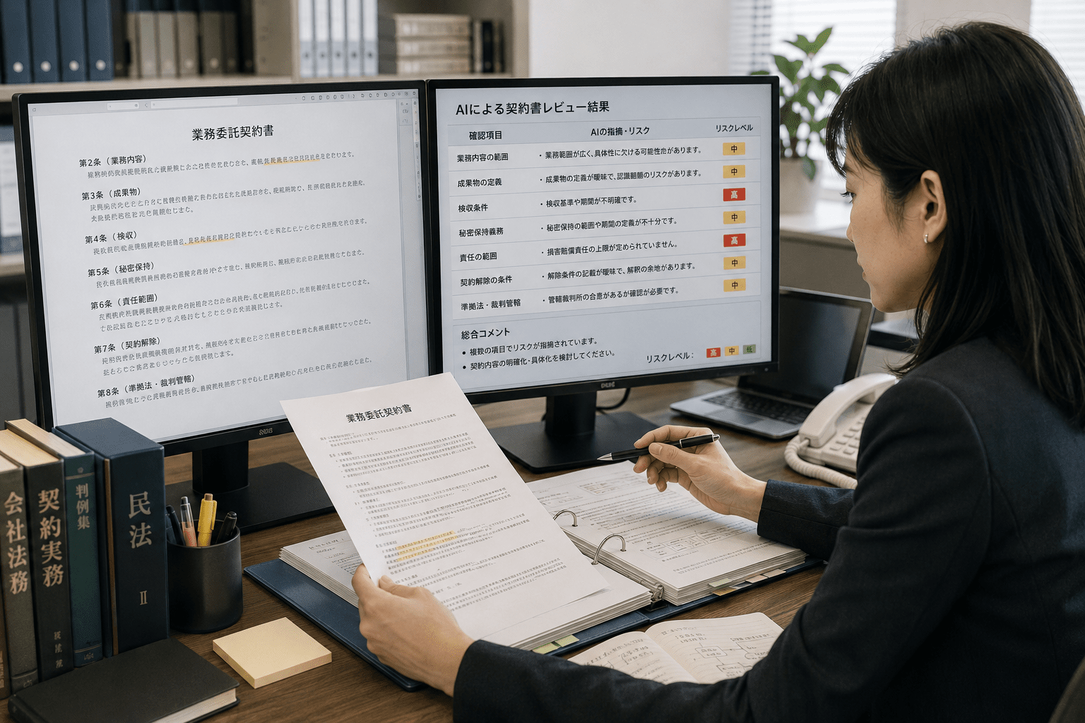 契約書とAIの確認結果を照らし合わせる法務担当者