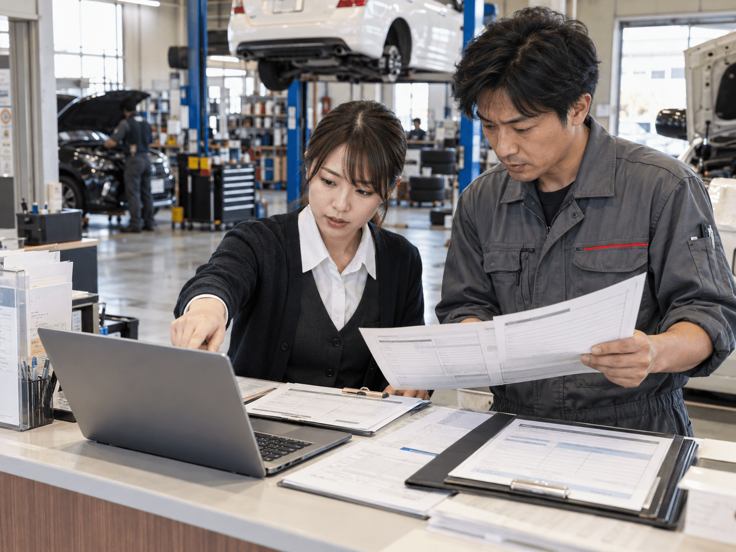 自動車整備工場のスタッフ2人がAIで作成した代車案内文と元の貸出資料を照合している様子
