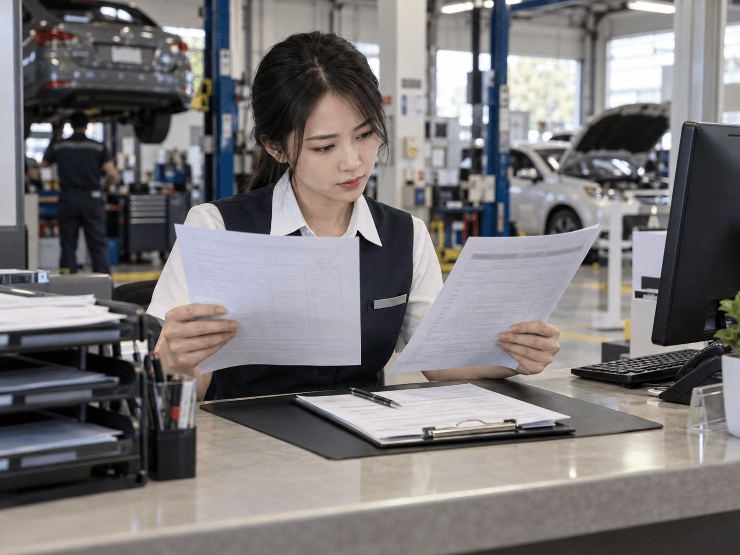 自動車整備工場の受付担当者が代車の貸出条件と予約記録を見比べている様子