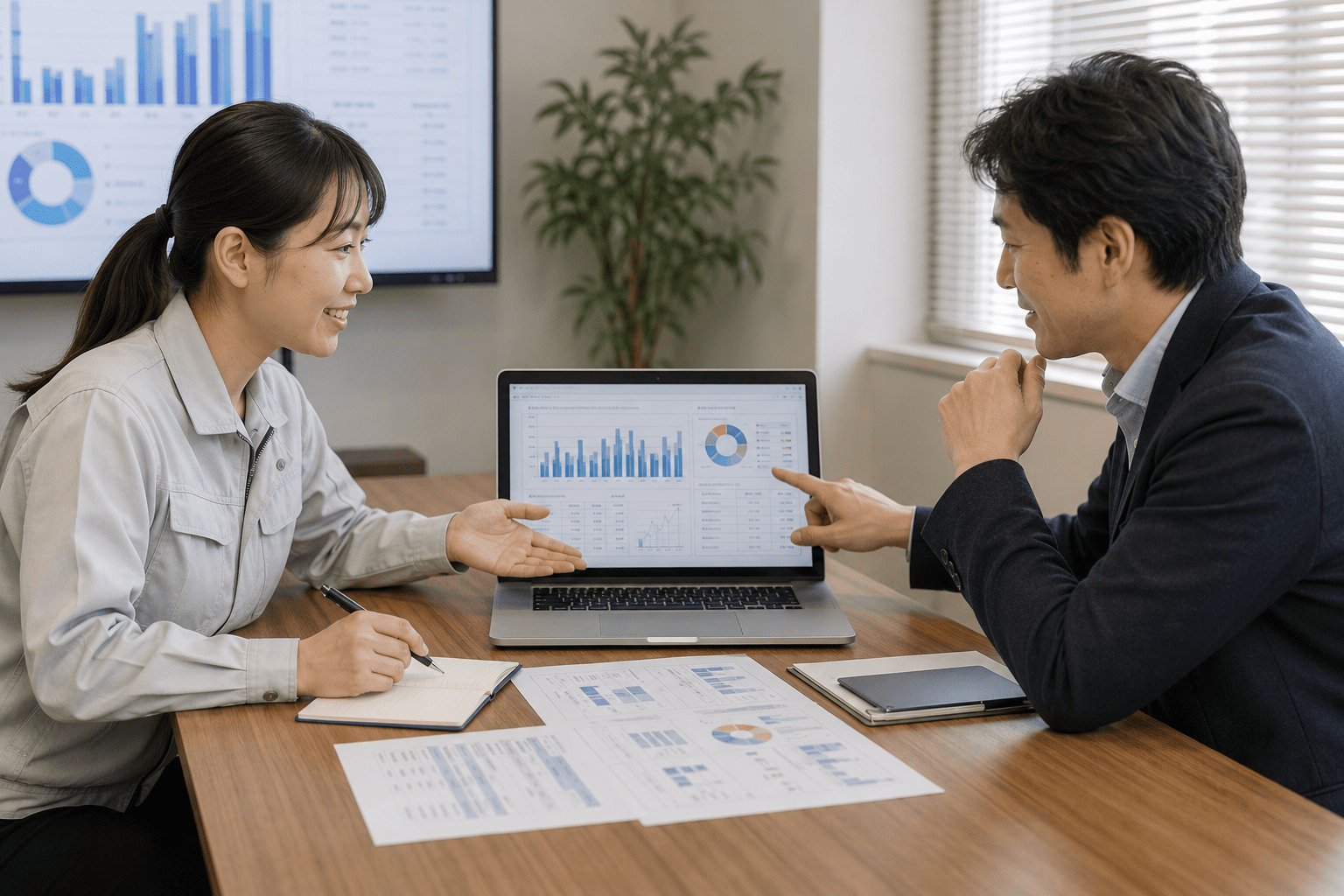 社内担当者とAI顧問がミーティングを行い、業務改善を進める様子