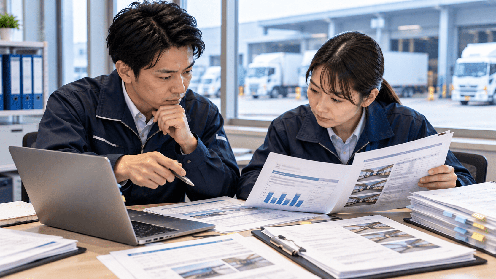 AIで整理した改善課題と元の定例会議資料を照合する物流担当者