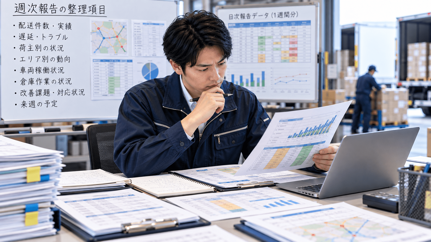 複数の日次報告と物流資料を確認して週次報告の整理項目を検討する物流担当者