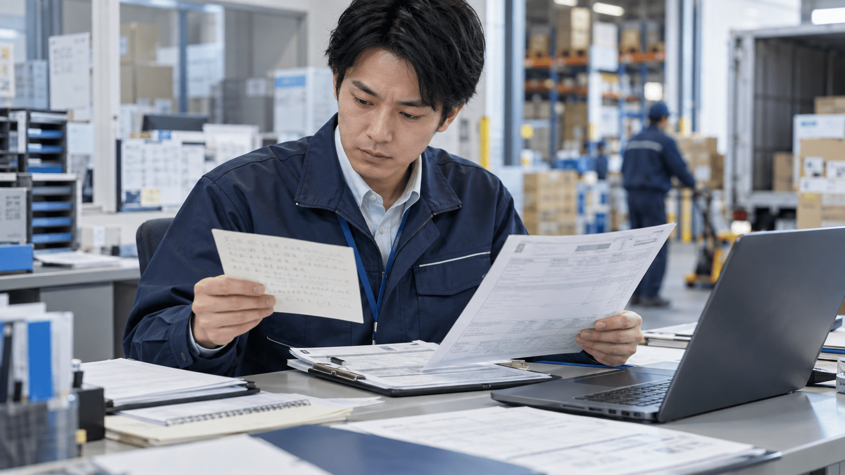 破損申告のメモと配送資料を確認し受付項目を整理する物流担当者