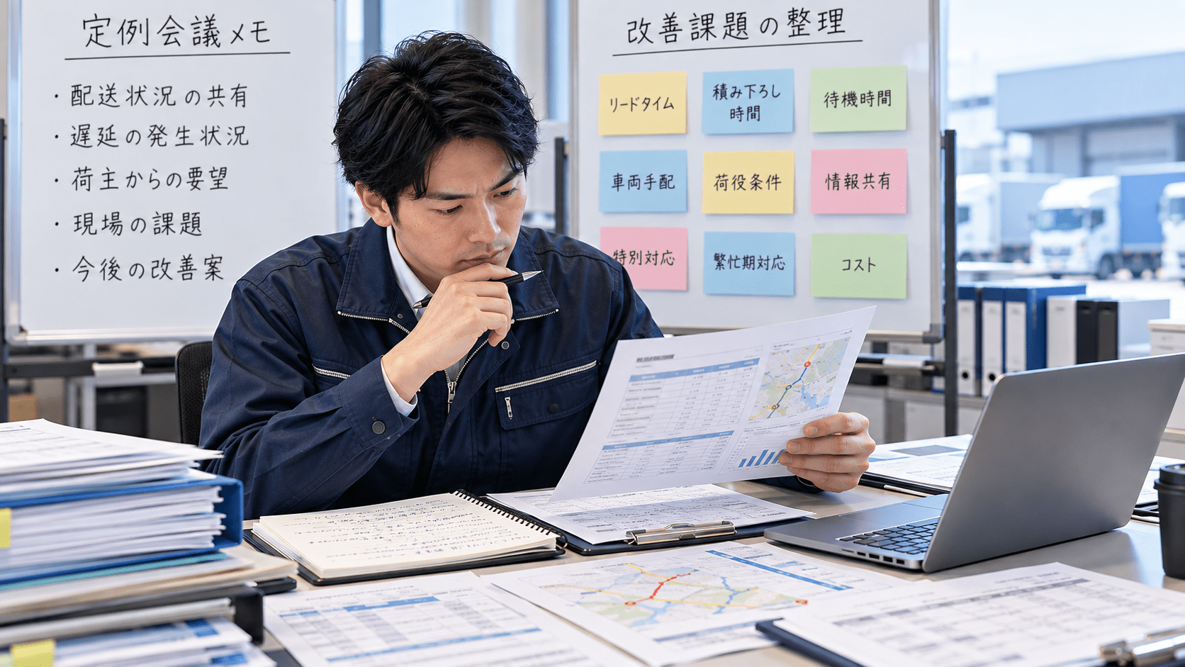 荷主との定例会議メモと物流資料を確認し改善課題を整理する担当者