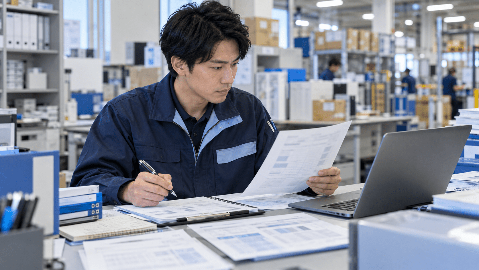 AIで整理した荷主別作業条件一覧と元の作業資料を照合する物流担当者