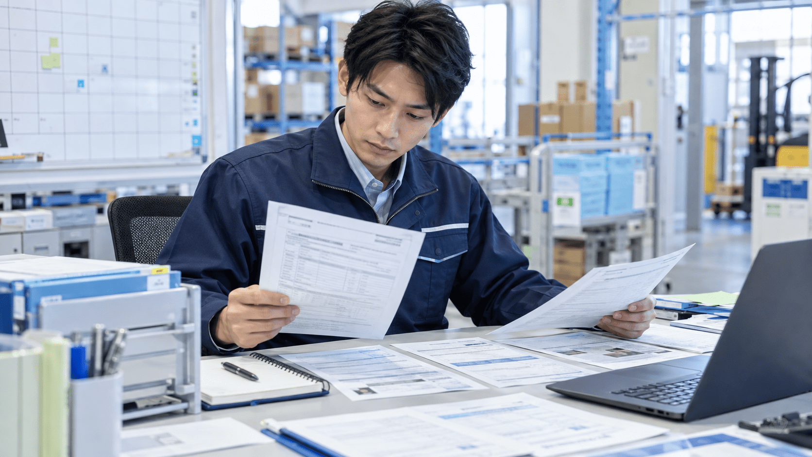 荷主ごとの作業資料を確認し作業条件の違いを整理する物流担当者