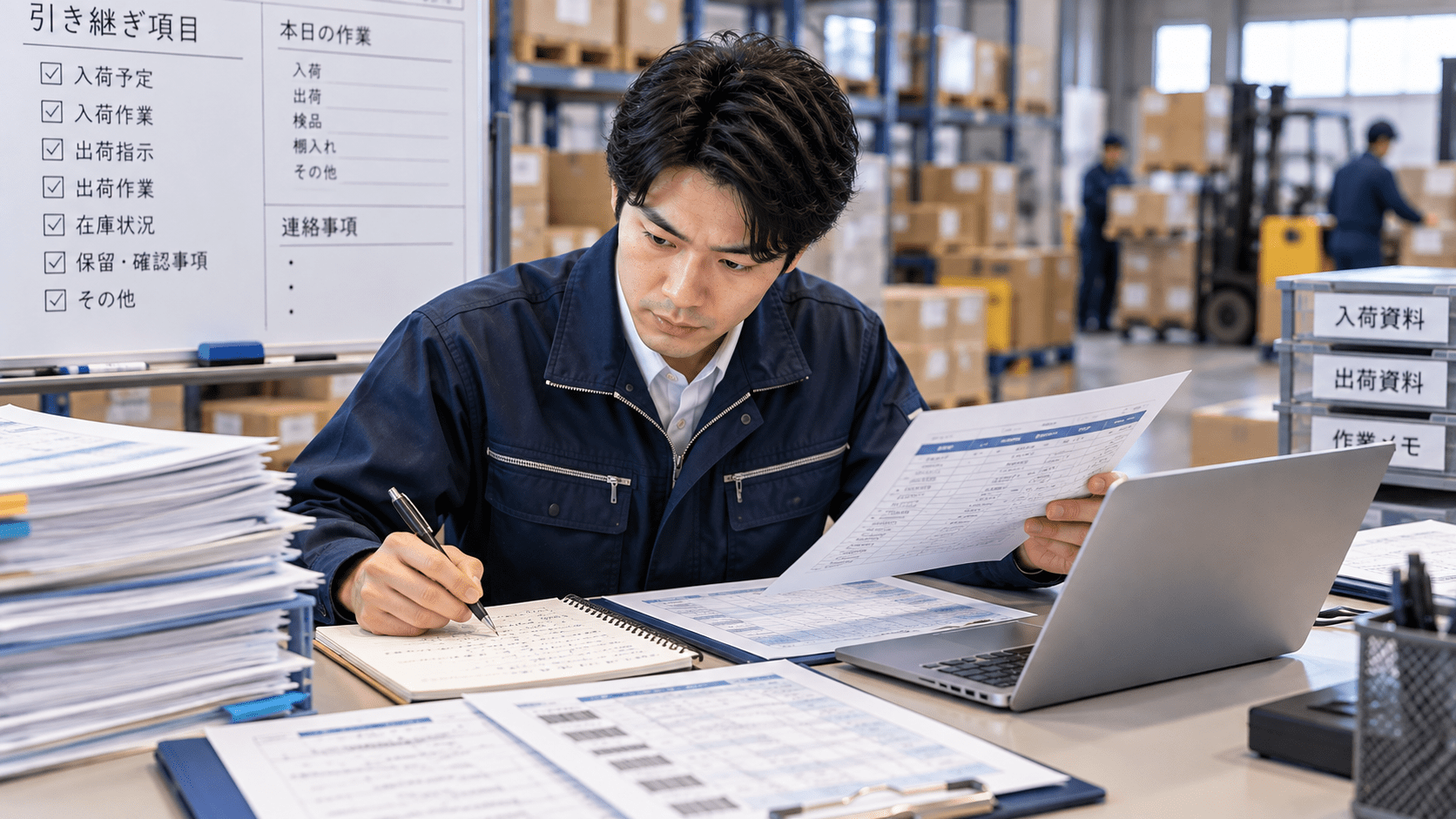 倉庫の作業メモと入出荷資料を確認し引き継ぎ項目を整理する物流担当者