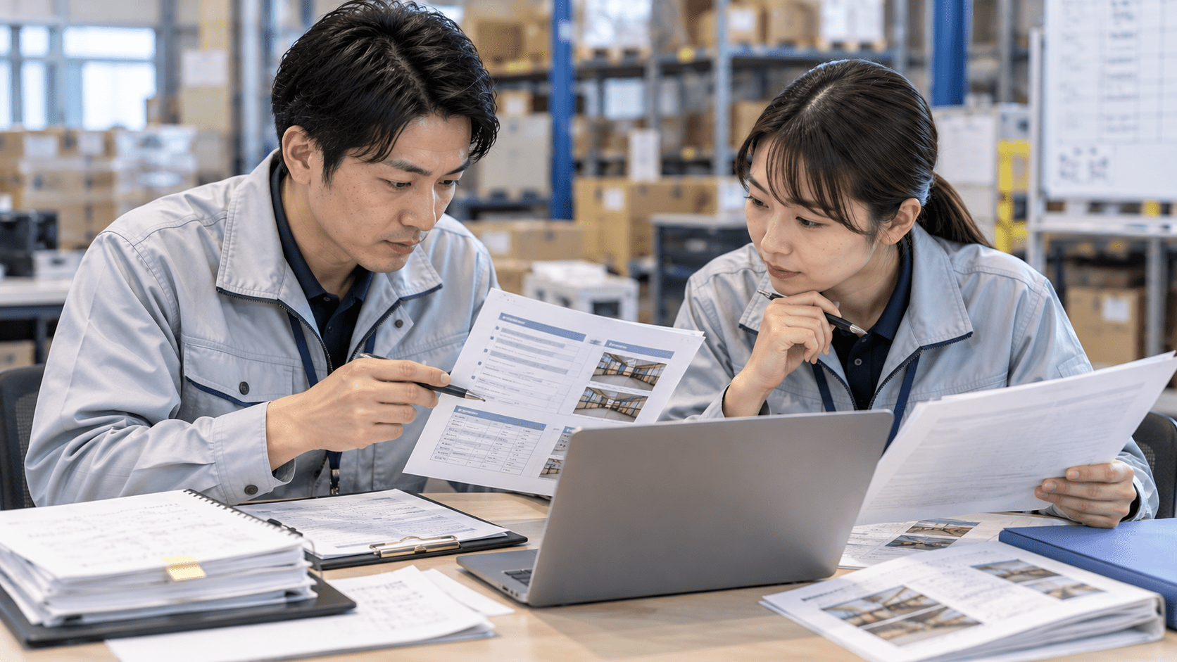 AIで整理した倉庫の引き継ぎ資料と元の作業メモを照合する前任者と次の担当者