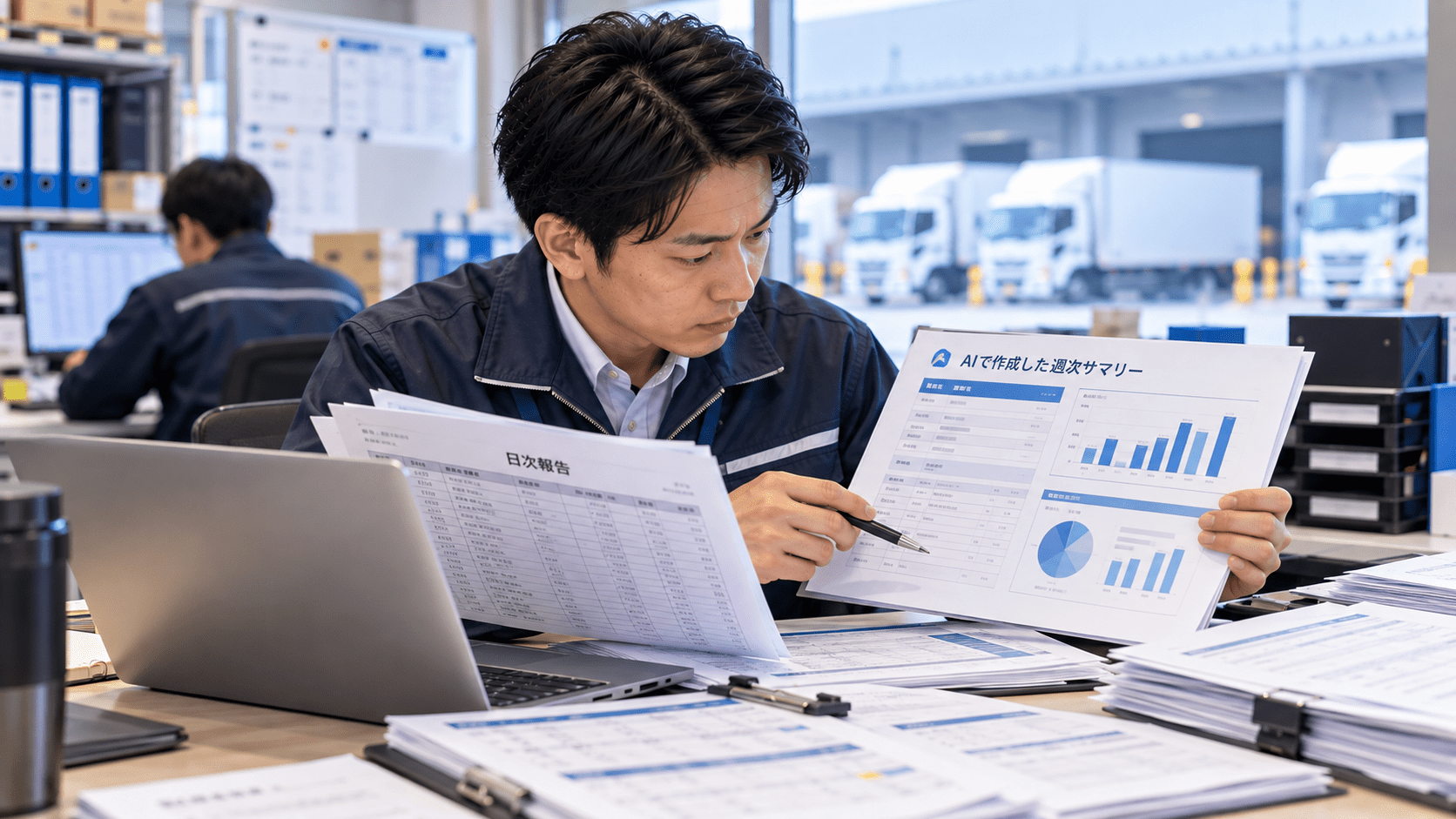 AIで整理した物流業務の週次サマリーと元の日次報告を照合する物流担当者