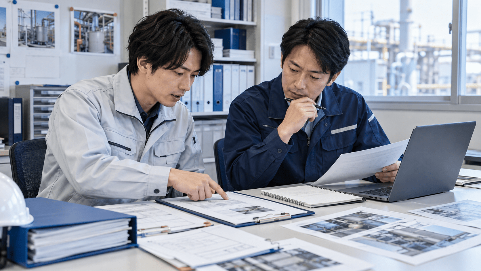 AIで作成した保全報告の下書きと設備点検記録を照合する現場担当者と保全担当者