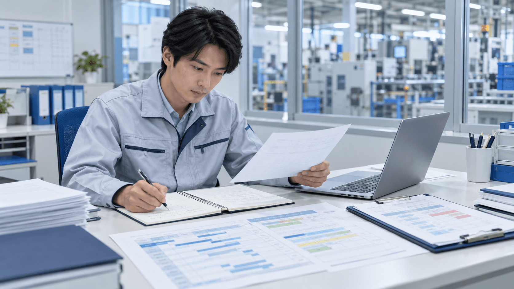 生産計画と受注資料を確認し納期変更の確定事項と調整中事項を整理する担当者