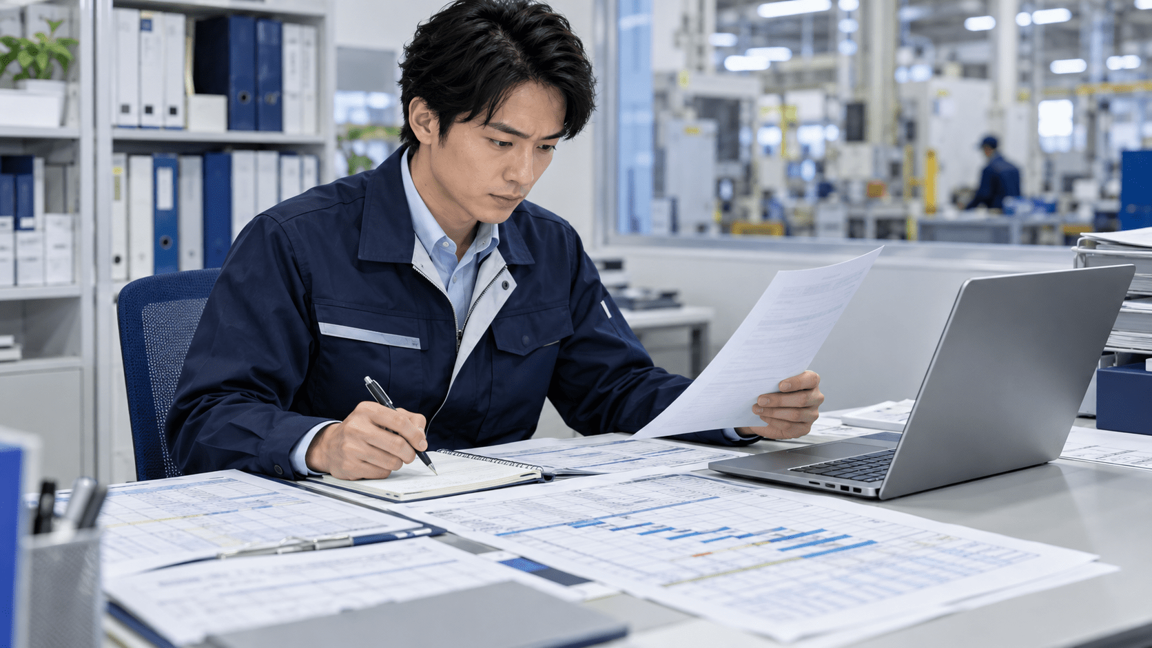 AIで作成した納期変更連絡の下書きと生産計画資料を照合する担当者