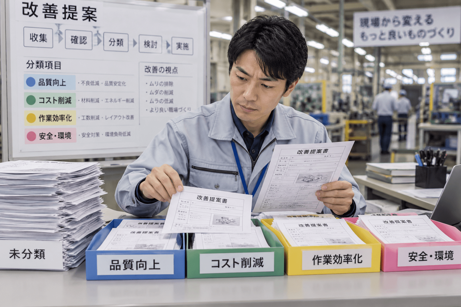 製造現場の改善提案書を確認し分類項目を整理する担当者