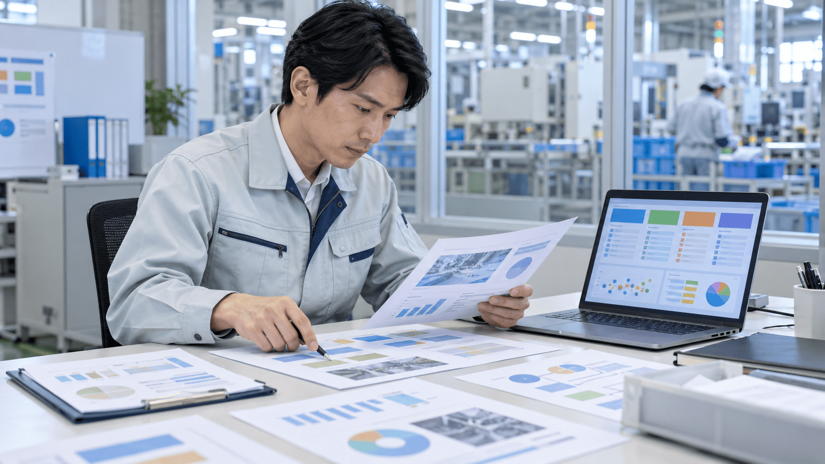 AIで分類した改善提案と元の提案資料を照合する製造現場の担当者