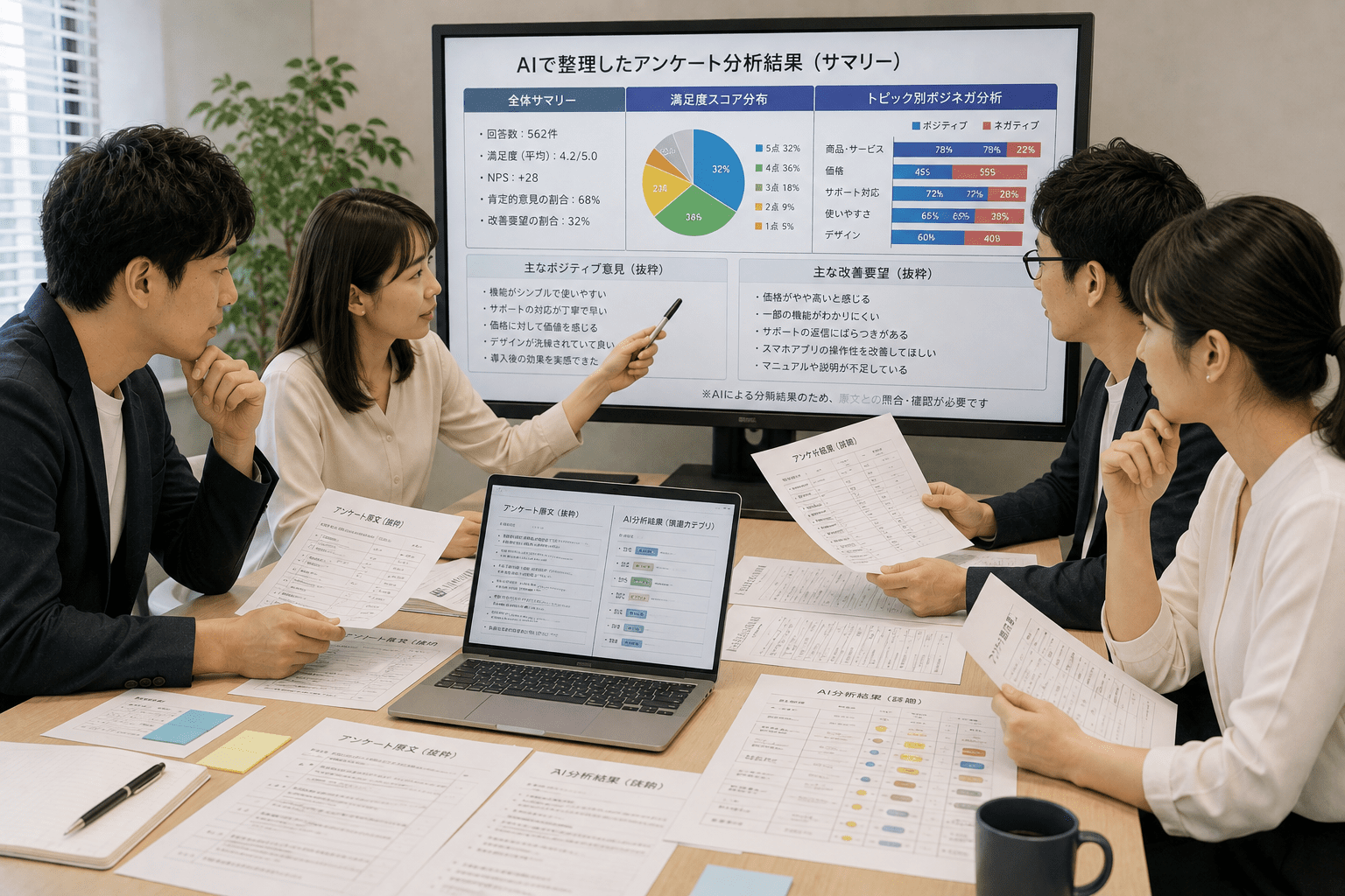 AIで整理した顧客アンケート分析結果をチームで原文と照合するマーケティング担当者