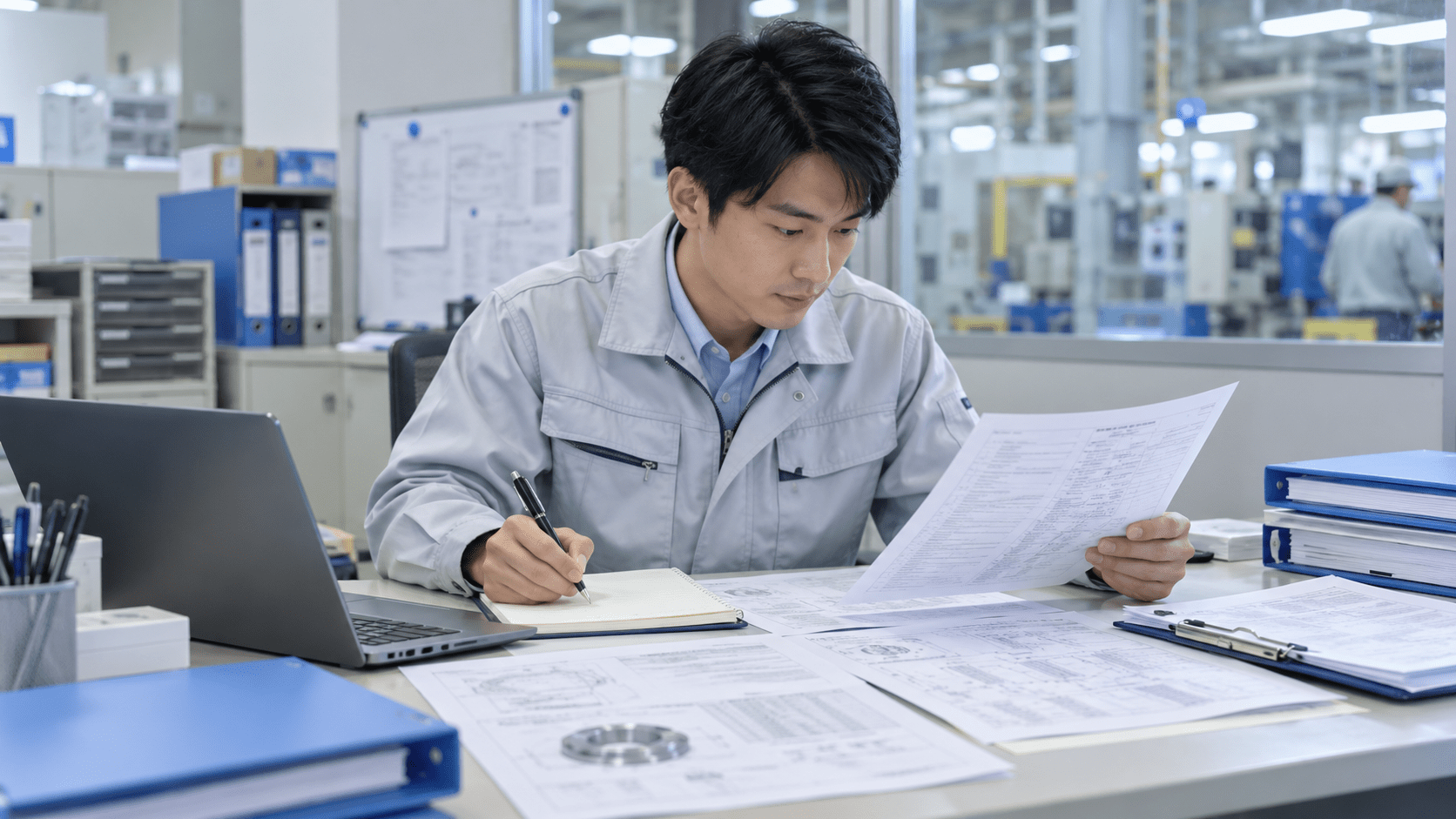 材料仕様書や試験記録を確認しながら材料メーカーへの問い合わせ条件を整理する担当者
