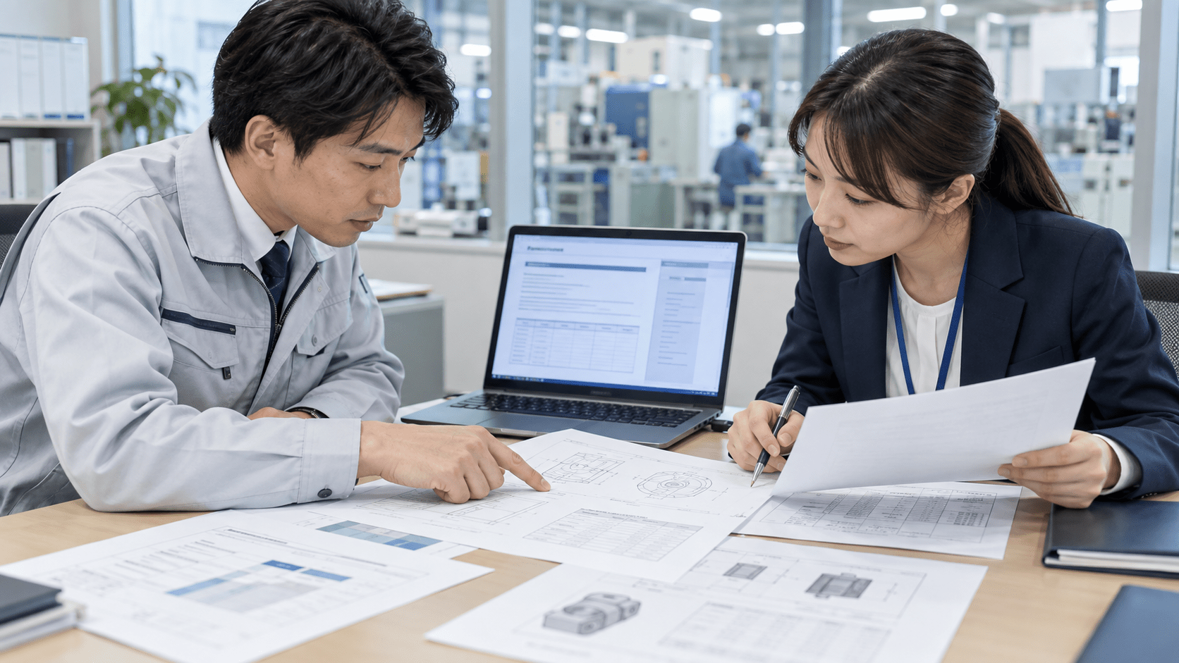 AIで作成した材料メーカーへの問い合わせ文と元の仕様資料を照合する技術担当者と調達担当者