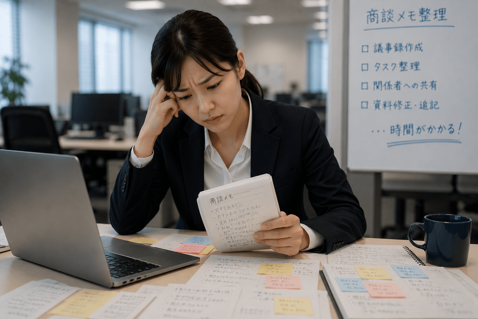 商談メモの整理に時間がかかり悩むビジネスパーソン