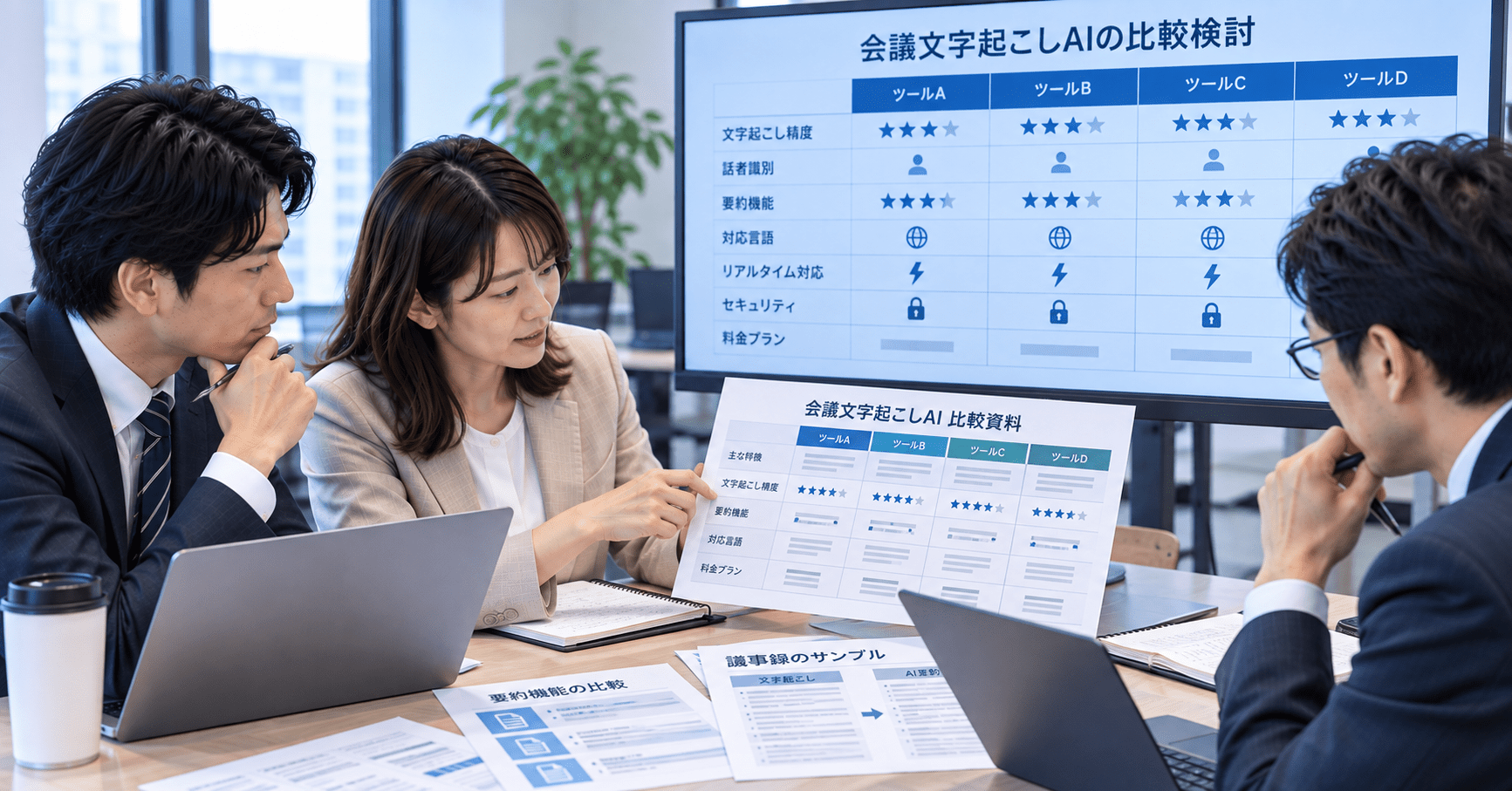 会議文字起こしAIの精度や要約機能を比較している企業担当者