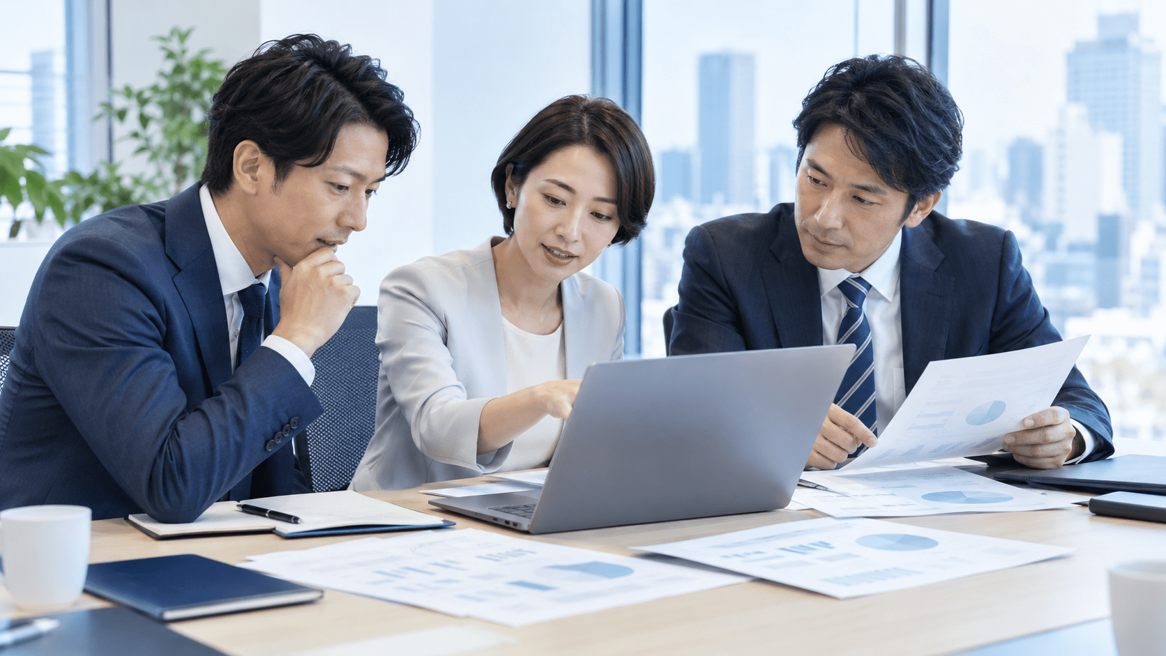 会議文字起こしAIの試行結果を複数の担当者が確認している様子