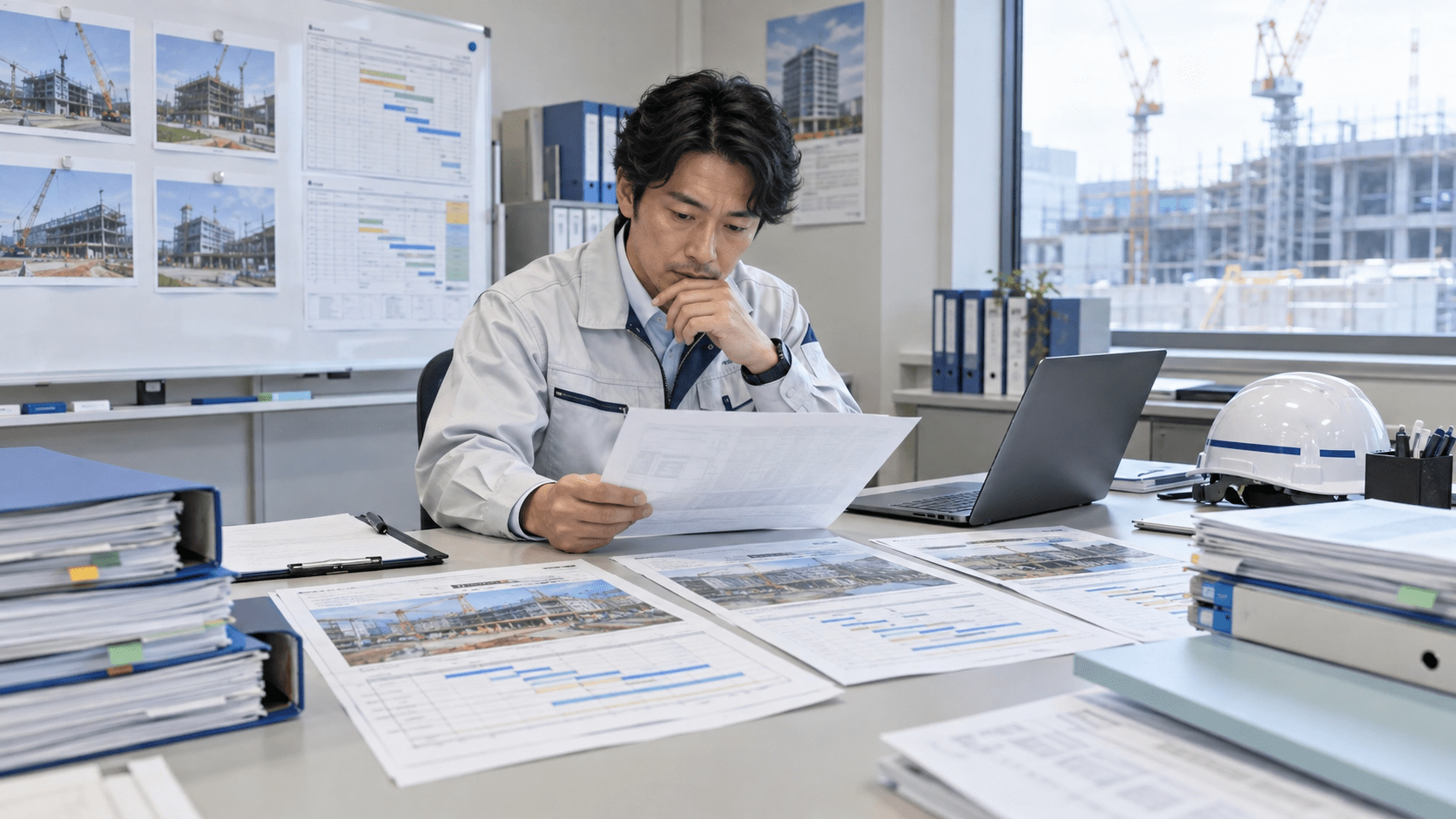 複数現場から提出された週報と進捗資料を比較する施工管理担当者