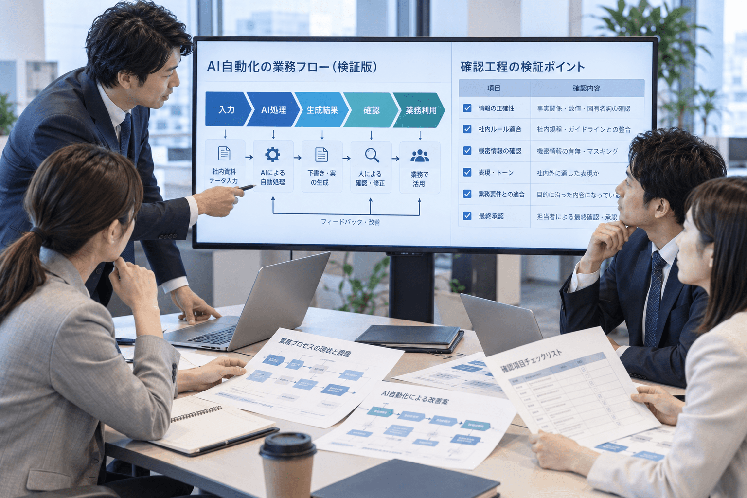 AI自動化の業務フローと確認工程を検証する企業チーム