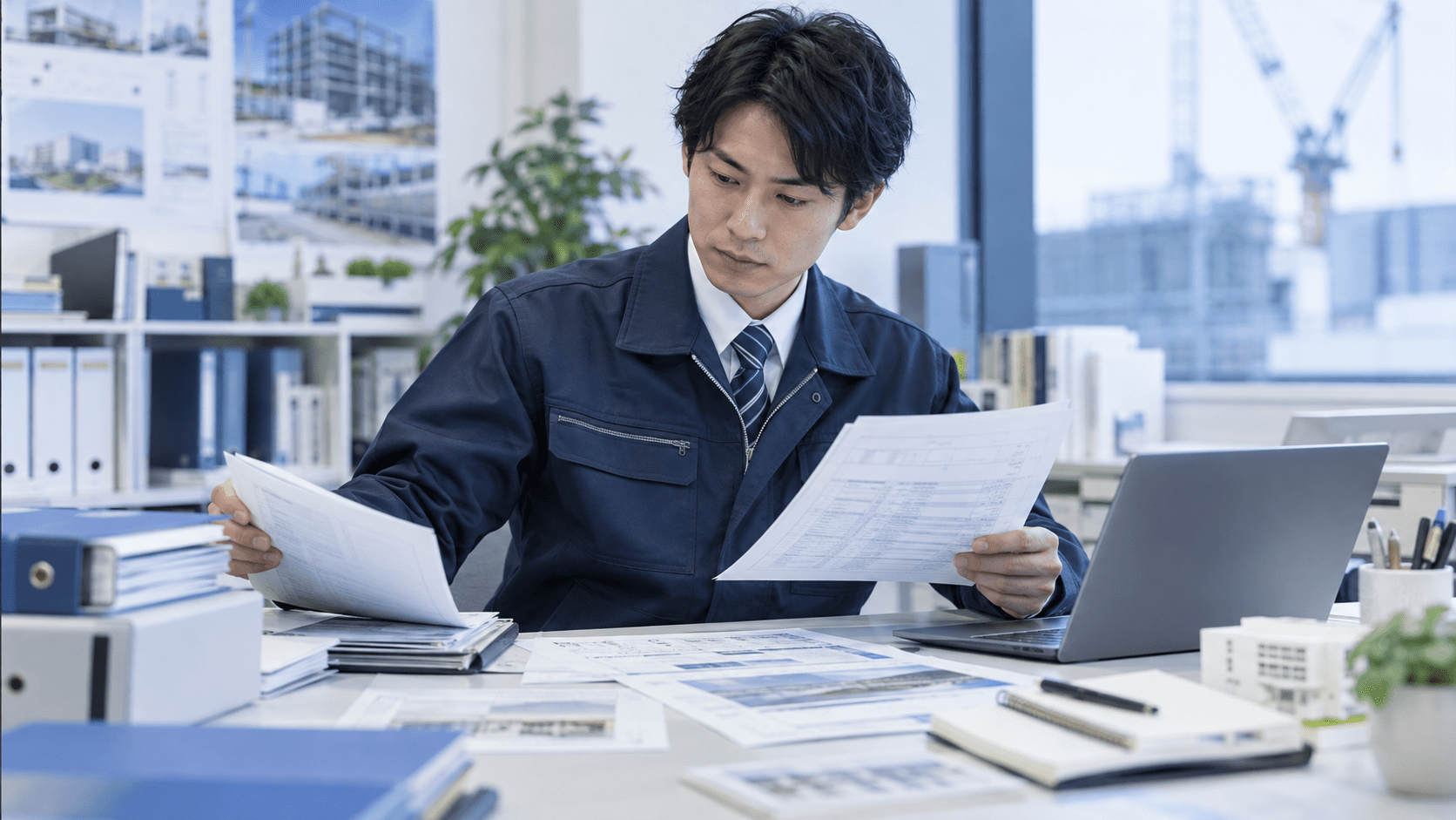日報や工程資料を確認しながら現場の引き継ぎ項目を整理する担当者