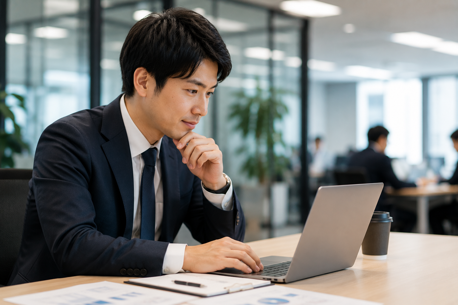 AIツールが整理され、社員が効率的に業務を進めているオフィスの様子