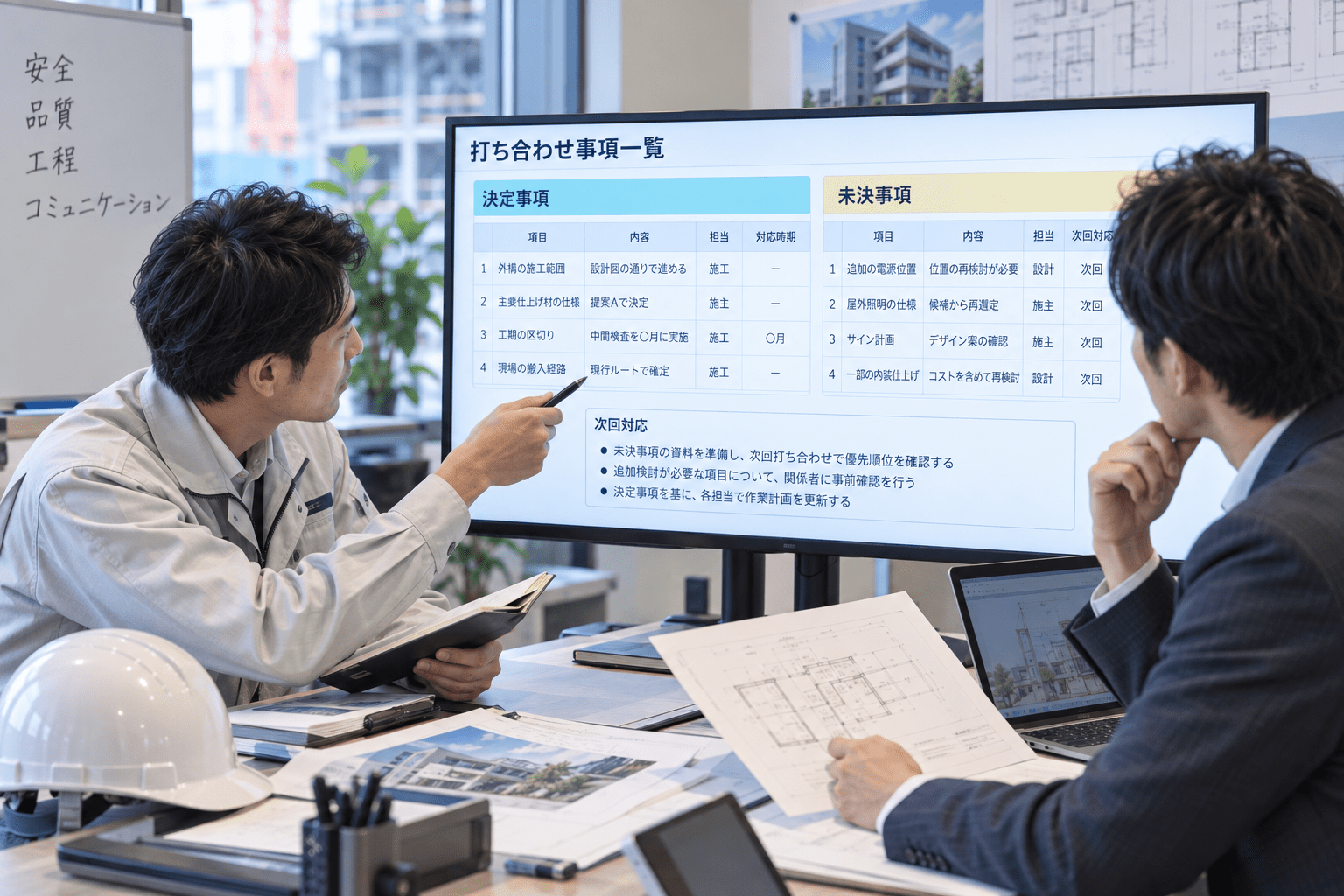 決定事項と未決事項の一覧を確認し次回対応を整理する施工担当者と設計担当者