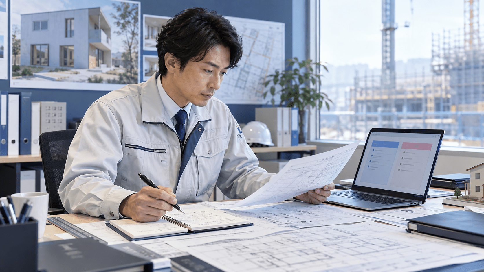 施主との打ち合わせ記録と図面を確認し決定事項と未決事項を整理する担当者