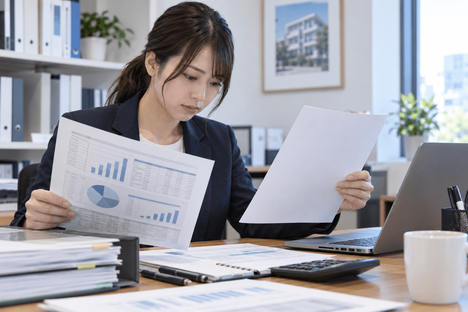 AIで整えたオーナー向け月次報告と元の管理資料を照合する賃貸管理担当者