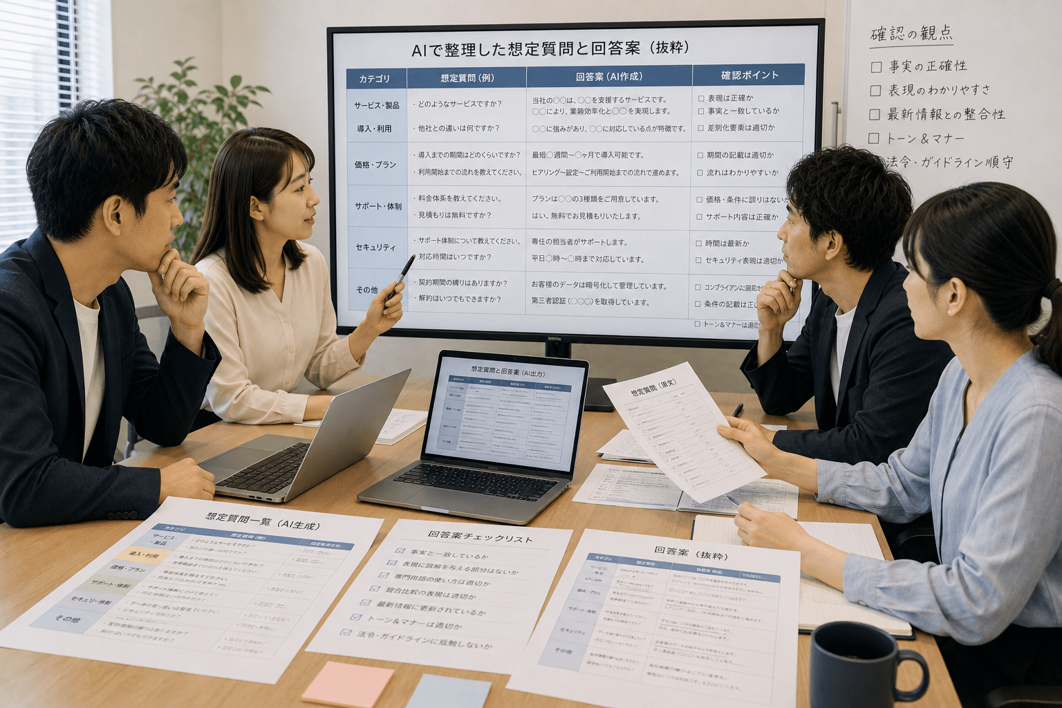 AIで整理した想定質問と回答案をチームで確認する広報担当者