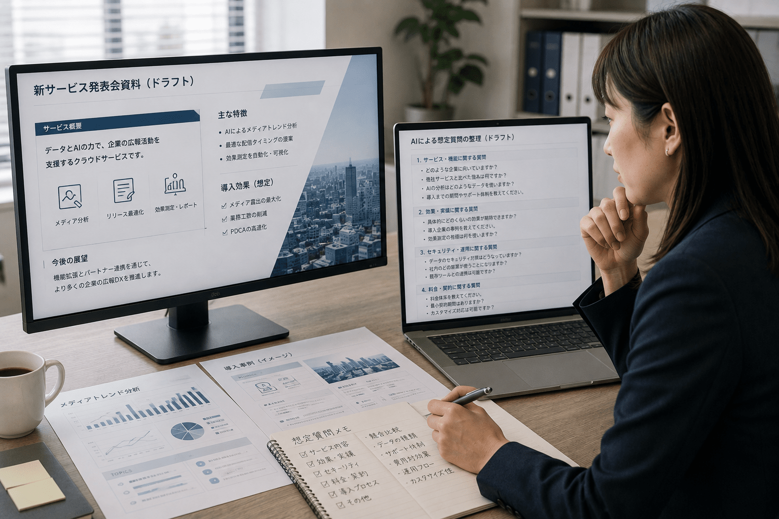 発表資料を確認しながらAIで想定質問を整理する広報担当者