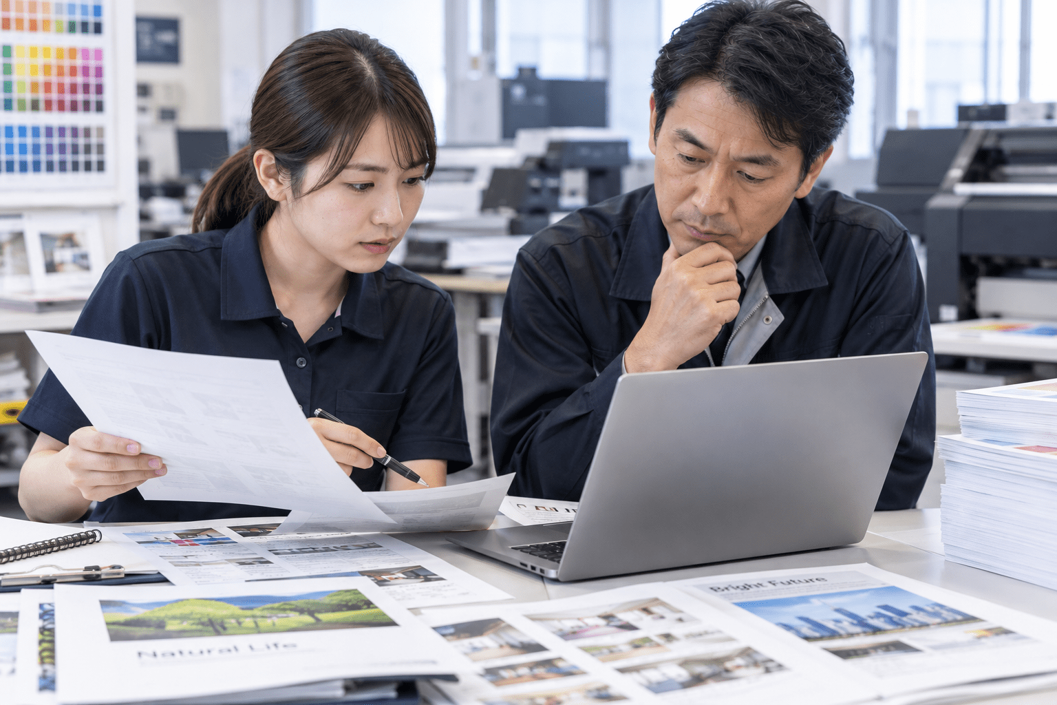 印刷会社の担当者と責任者が生成AIで整理した内容を元の原稿や作業資料と照合して確認する様子