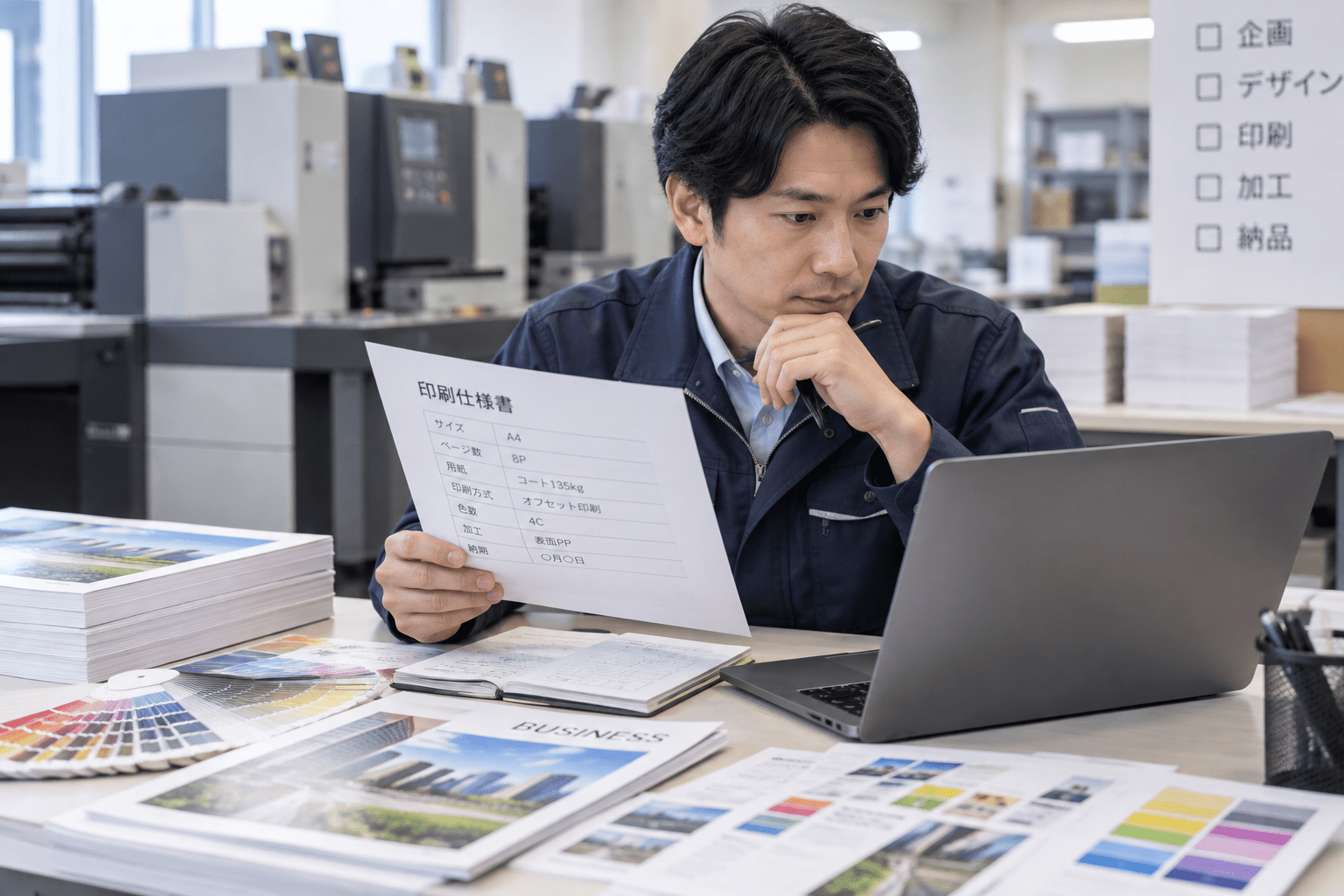 印刷会社の担当者が原稿や印刷仕様を確認しながら生成AIの活用方法を検討している様子