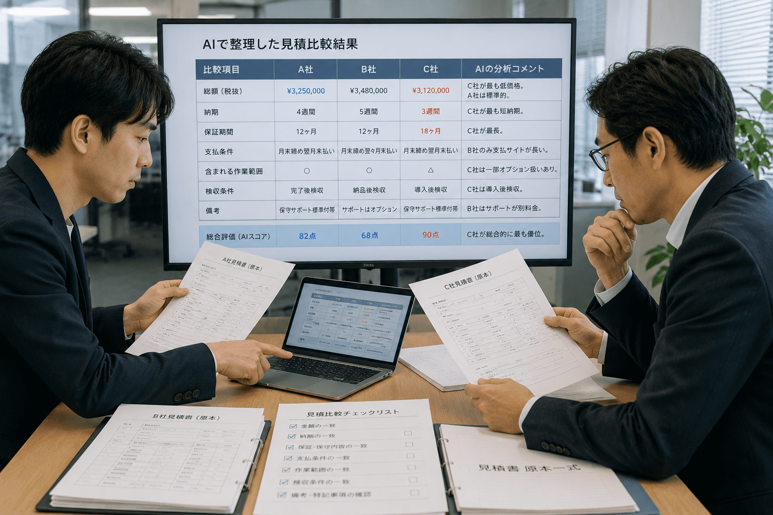 AIで整理した見積比較結果を原本と照合する購買担当者と承認者