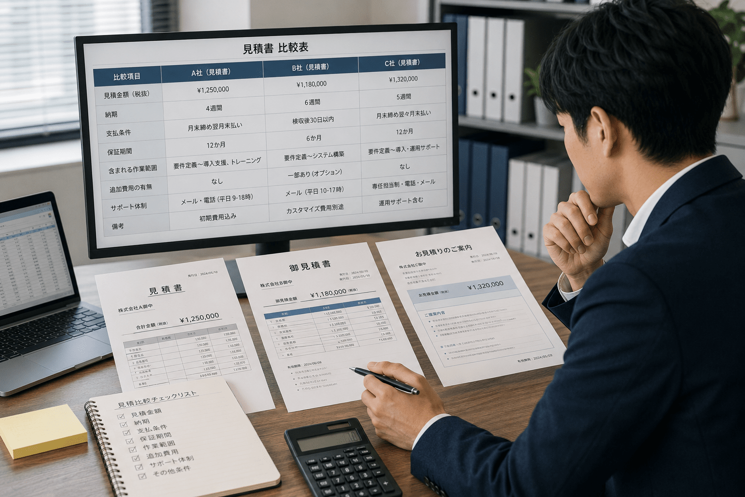 形式の異なる複数の見積書を同じ比較項目で確認する購買担当者
