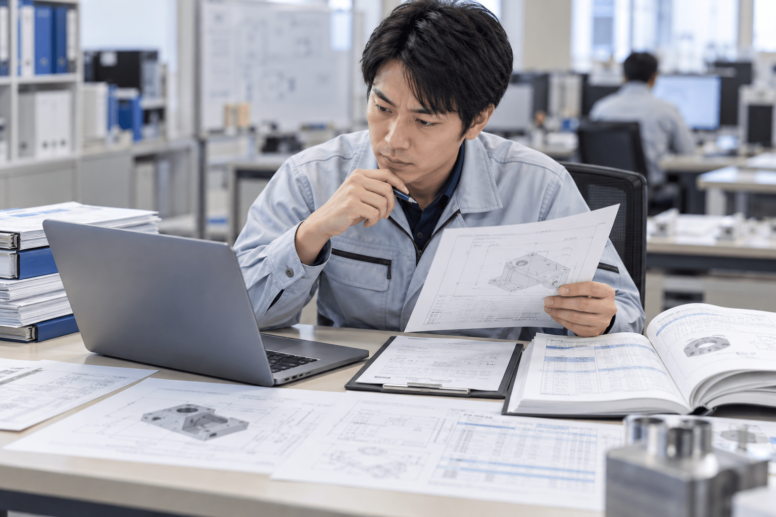 製品問い合わせと製品仕様書を確認し回答に必要な情報を整理する担当者