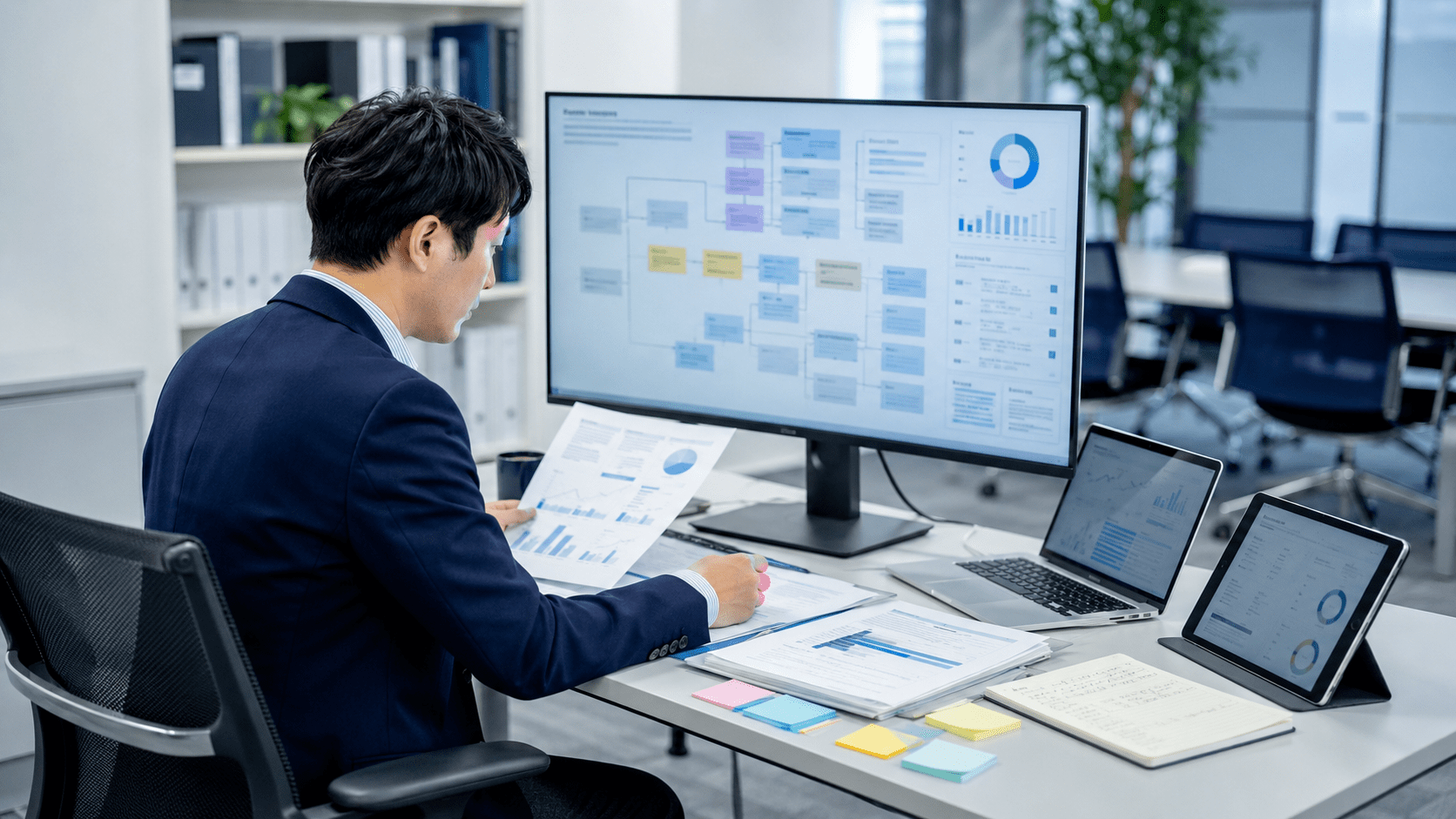 複数のプロジェクト資料を確認しながらAIでリスク候補を整理する担当者