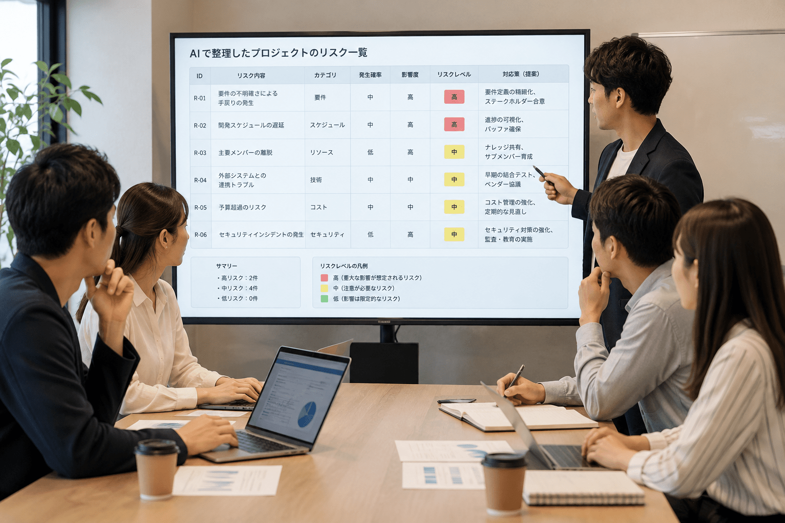 AIで整理したプロジェクトのリスク一覧をチームで確認する担当者