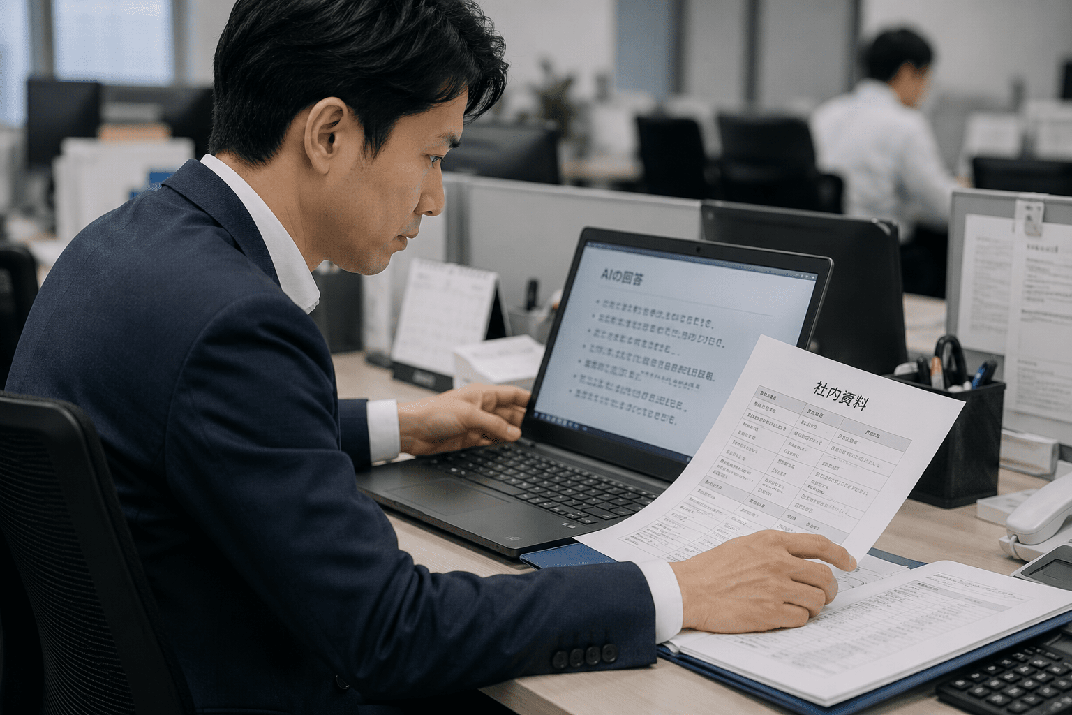 AIの回答と社内資料を照合して確認する日本企業の担当者