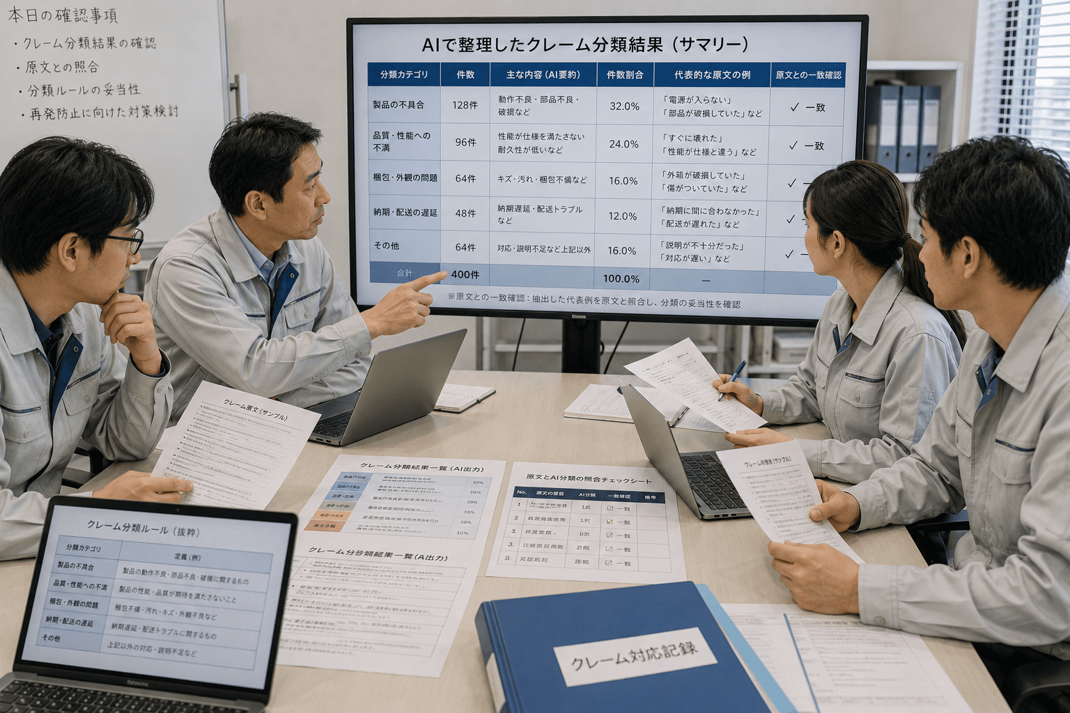 AIで整理したクレーム分類結果を品質管理チームが原文と照合して確認する様子