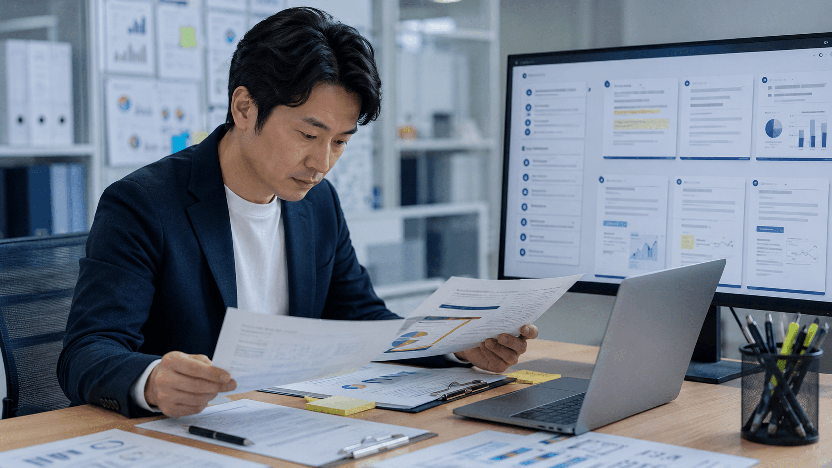 複数の調査資料を確認しながらAIで要点を整理する研究開発担当者