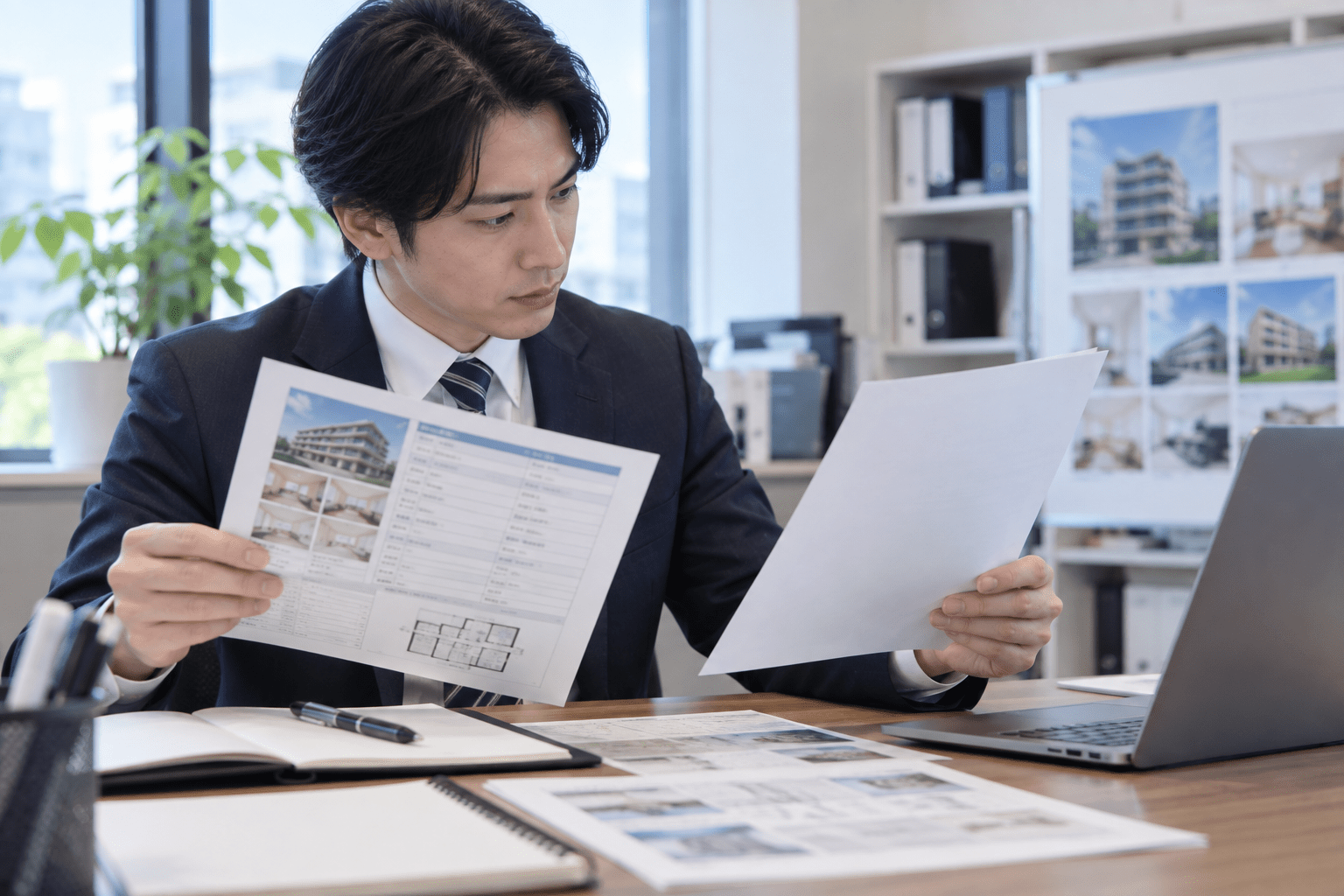 AIで整理した物件提案条件と元のヒアリング資料を照合する不動産営業担当者