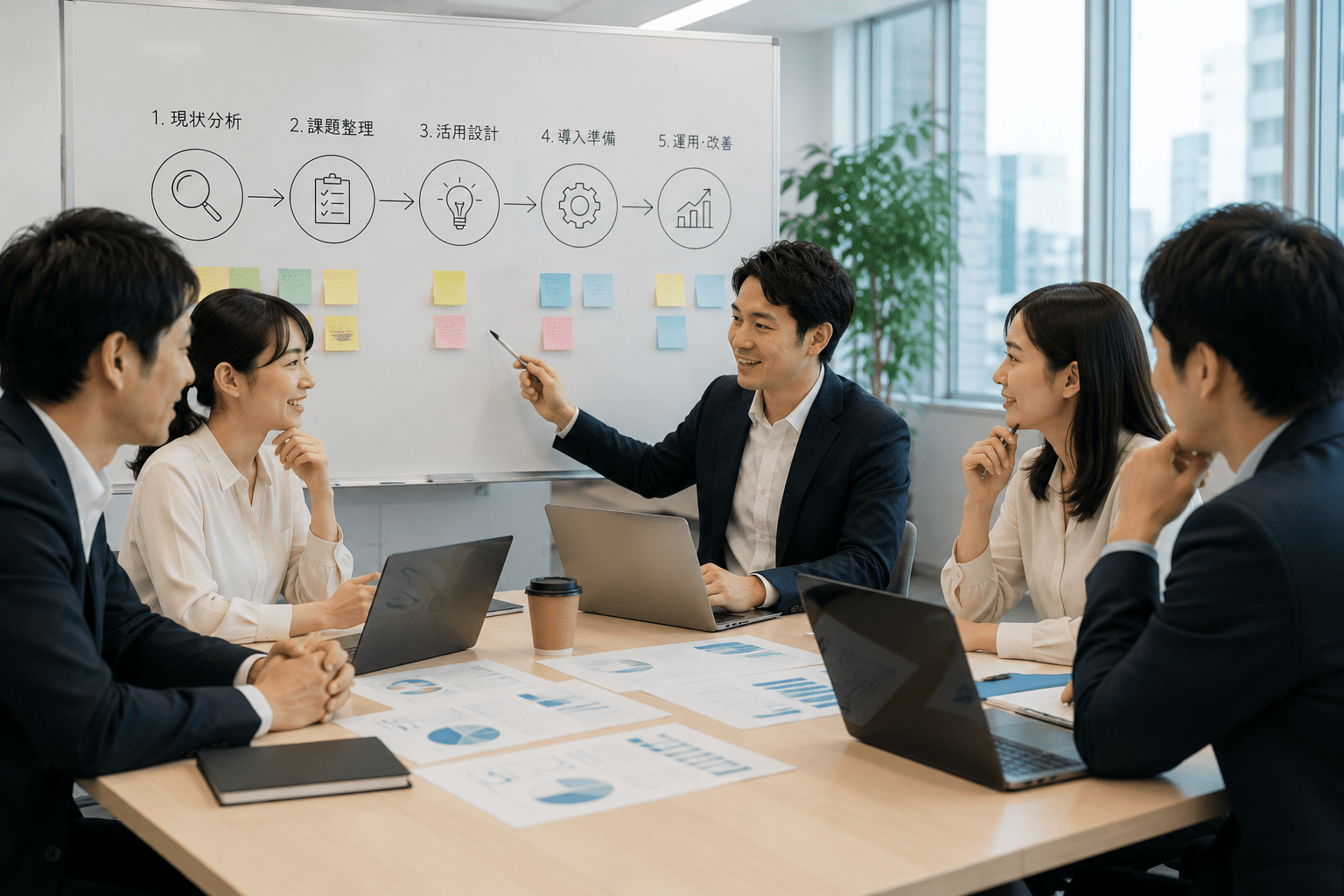 ホワイトボードの前で社内のAI活用ルールや導入ステップについて話し合うプロジェクトチーム
