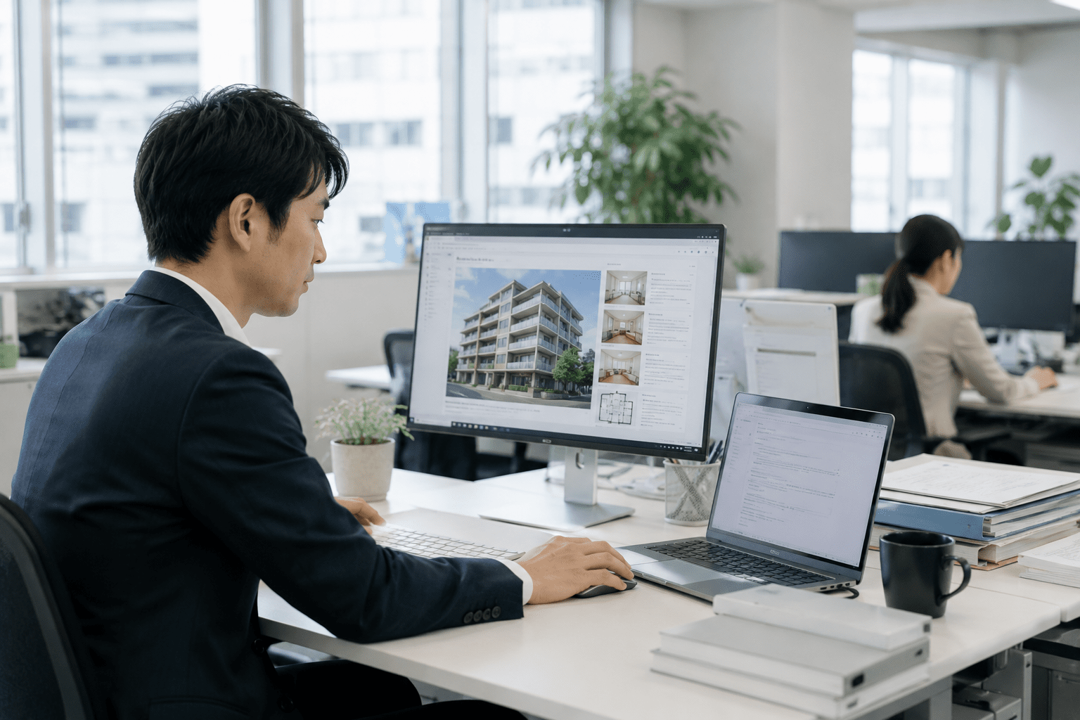オフィスでパソコンに向かい、物件情報や顧客対応の業務をAIで効率化している様子