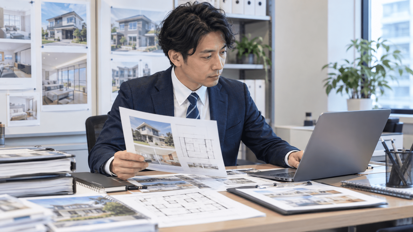 物件資料とパソコンを確認しながら紹介文に使う情報を整理する不動産担当者